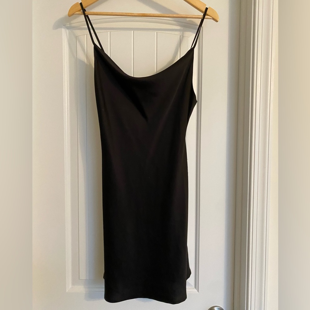 Cowl neck black mini dress